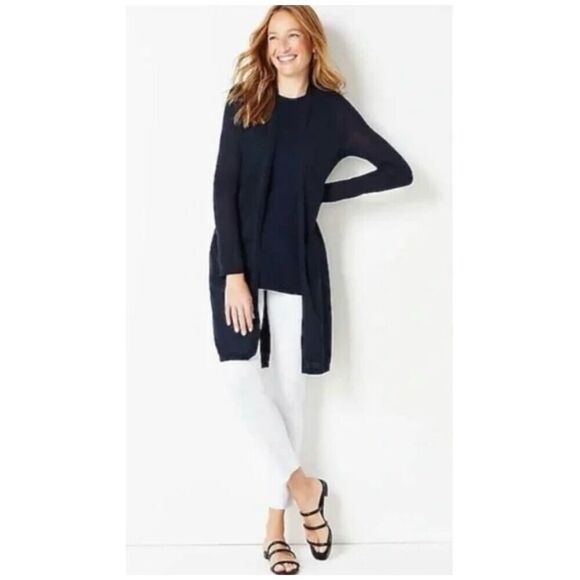 ✨J. JILL Navy Blue Long Open Front Sz Large Cardigan Sweater✨ - Picture 1 of 7